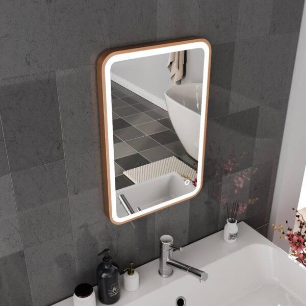 Vela Brushed Copper LED Bathroom Mirror 400mm x 600mm - Image 2